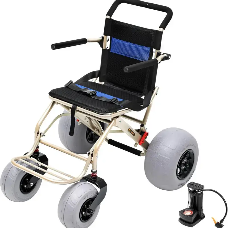 Technical view of 12-inch and 9-inch low-pressure balloon tires designed for smooth movement over sand, lawns, gravel, and rough pavement.