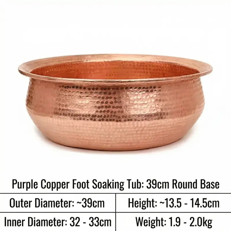 Hand-hammered purple copper pedicure bowl, 39cm outer diameter, ideal for standard spa rituals, EPA-registered antimicrobial surface