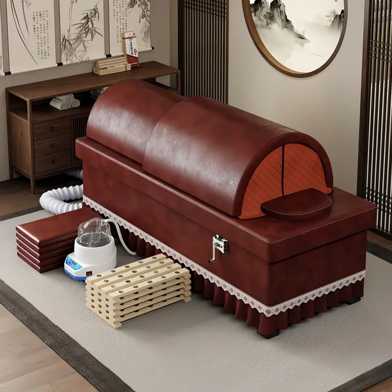 Professional solid wood herbal steam and moxibustion spa bed with luxury leather mattress for hotels.