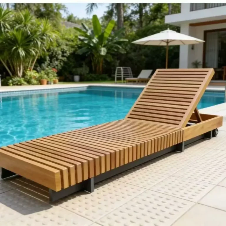 A macro close-up highlighting the tight, golden-honey wood grain of the A-grade Teak Sun Bed frame.